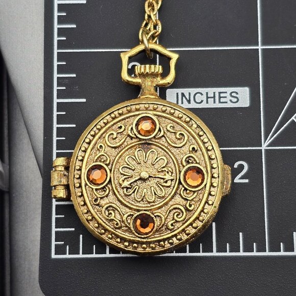 VTG Mary Chess Perfume Locket Necklace 23" Gold Tone Ornate Rhinestones 1960s - Picture 10 of 12